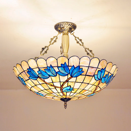 Retro Style Bowl Ceiling Light Fixture Stained Glass 4 Lights Semi Flush Light with Tulip Pattern for Dining Room Clearhalo 'Ceiling Lights' 'Close To Ceiling Lights' 'Close to ceiling' 'Semi-flushmount' 'Tiffany close to ceiling' 'Tiffany' Lighting' 180812