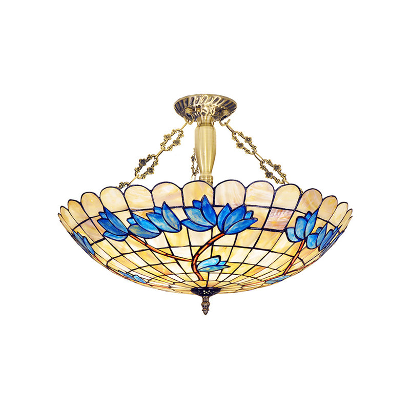 Retro Style Bowl Ceiling Light Fixture Stained Glass 4 Lights Semi Flush Light with Tulip Pattern for Dining Room Clearhalo 'Ceiling Lights' 'Close To Ceiling Lights' 'Close to ceiling' 'Semi-flushmount' 'Tiffany close to ceiling' 'Tiffany' Lighting' 180813