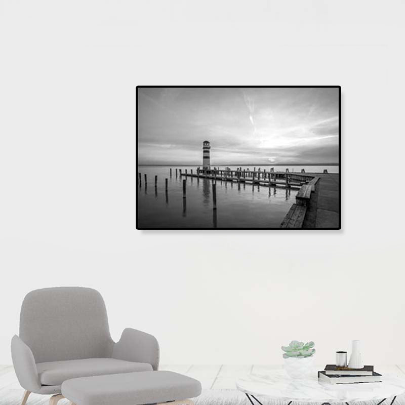 Seaside Building Canvas Art Textured Contemporary Living Room Wall Decor in Grey Clearhalo 'Art Gallery' 'Canvas Art' 'Contemporary Art Gallery' 'Modern' Arts' 1808131