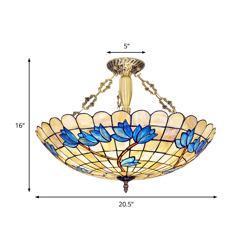 Retro Style Bowl Ceiling Light Fixture Stained Glass 4 Lights Semi Flush Light with Tulip Pattern for Dining Room Clearhalo 'Ceiling Lights' 'Close To Ceiling Lights' 'Close to ceiling' 'Semi-flushmount' 'Tiffany close to ceiling' 'Tiffany' Lighting' 180814