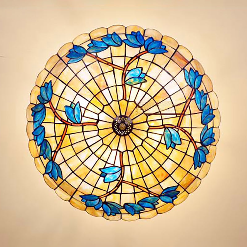 Retro Style Bowl Ceiling Light Fixture Stained Glass 4 Lights Semi Flush Light with Tulip Pattern for Dining Room Clearhalo 'Ceiling Lights' 'Close To Ceiling Lights' 'Close to ceiling' 'Semi-flushmount' 'Tiffany close to ceiling' 'Tiffany' Lighting' 180816