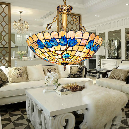 Country Scalloped Edged Semi Flush Light Stained Glass 4 Heads Tulip Semi Flush Mount for Living Room Beige Clearhalo 'Ceiling Lights' 'Chandeliers' 'Close To Ceiling Lights' 'Industrial' 'Middle Century Chandeliers' 'Tiffany Chandeliers' 'Tiffany close to ceiling' 'Tiffany' Lighting' 180817