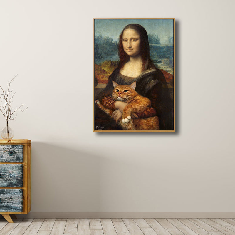 Black Modern Wall Art Spoof Drawing Mona Lisa with Her Cat Canvas Print for Bedroom Black Clearhalo 'Arts' 'Canvas Art' 1808185