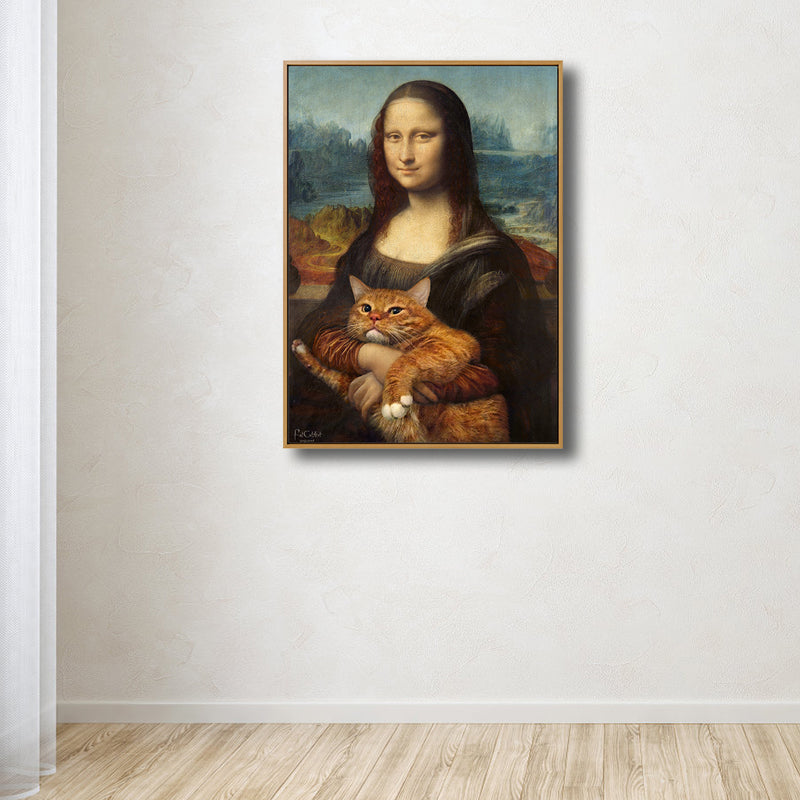 Black Modern Wall Art Spoof Drawing Mona Lisa with Her Cat Canvas Print for Bedroom Clearhalo 'Arts' 'Canvas Art' 1808186