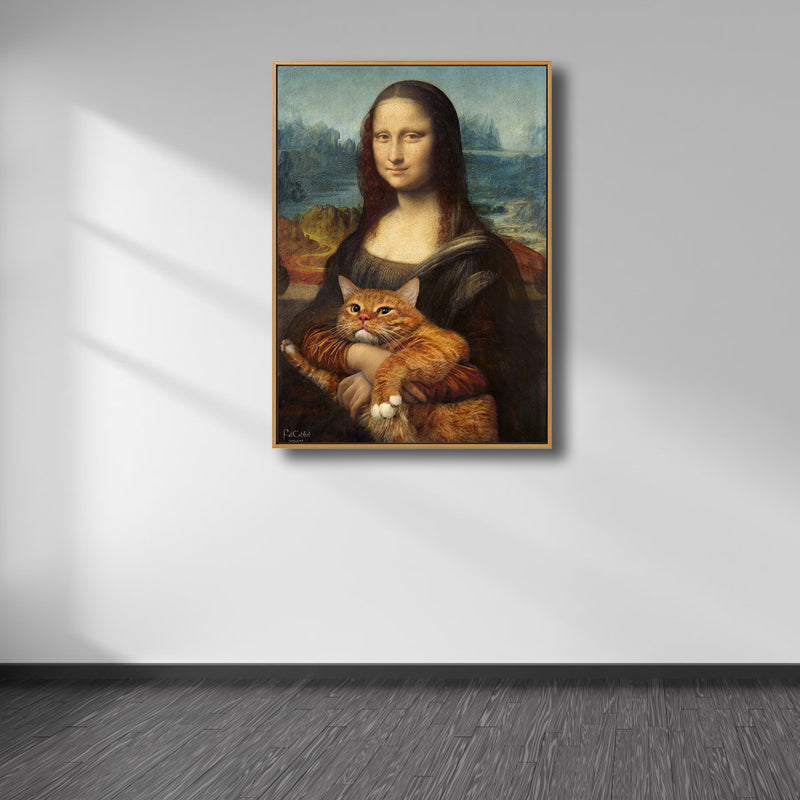 Black Modern Wall Art Spoof Drawing Mona Lisa with Her Cat Canvas Print for Bedroom Clearhalo 'Arts' 'Canvas Art' 1808187