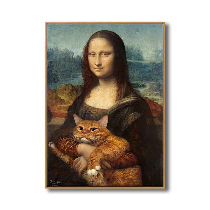 Black Modern Wall Art Spoof Drawing Mona Lisa with Her Cat Canvas Print for Bedroom Clearhalo 'Arts' 'Canvas Art' 1808188