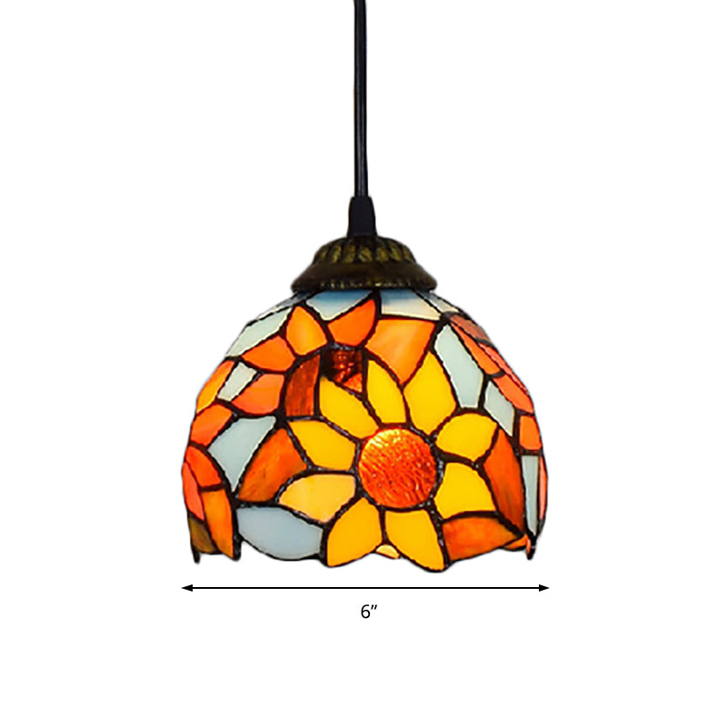 Antique Bronze Sunflower Pendant Lighting Tiffany 1 Bulb Stained Glass Hanging Ceiling Light Clearhalo 'Ceiling Lights' 'Chandeliers' 'Industrial' 'Middle Century Pendants' 'Pendant Lights' 'Pendants' 'Tiffany close to ceiling' 'Tiffany Pendants' 'Tiffany' Lighting' 180824