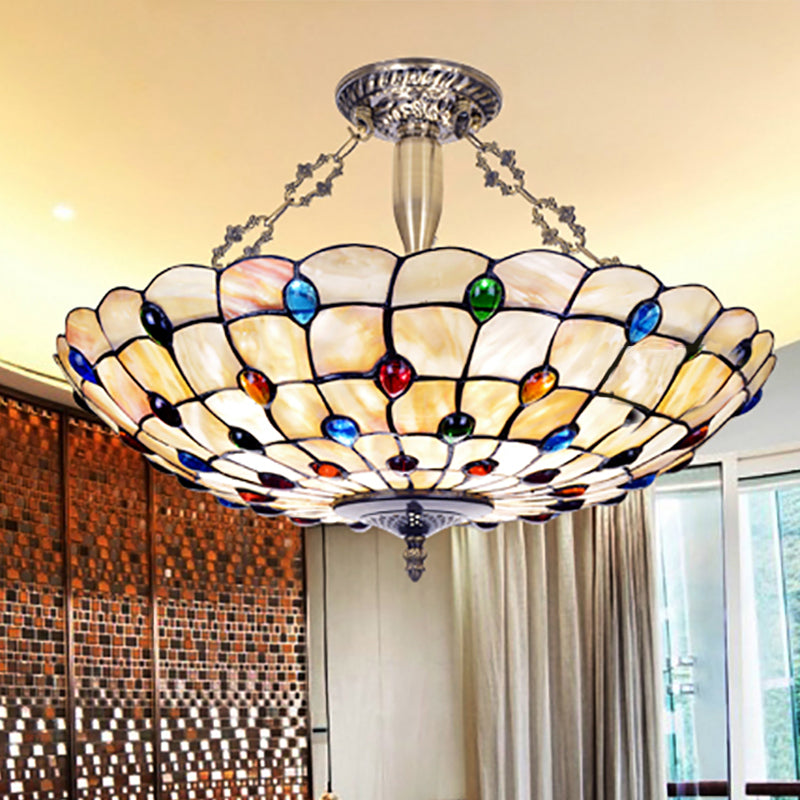 Vintage Bowl Ceiling Light Stained Glass 4 Heads Jewel Semi Flush Ceiling Fixture in Beige Clearhalo 'Ceiling Lights' 'Chandeliers' 'Close To Ceiling Lights' 'Close to ceiling' 'Semi-flushmount' 'Tiffany close to ceiling' 'Tiffany' Lighting' 180826