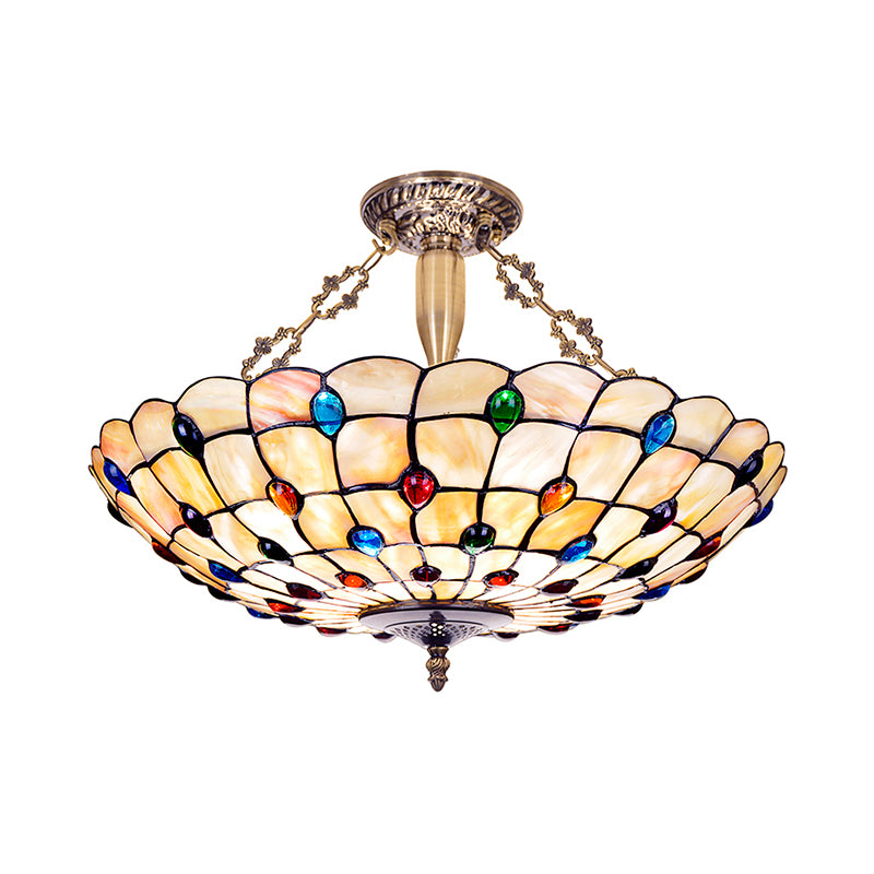 Vintage Bowl Ceiling Light Stained Glass 4 Heads Jewel Semi Flush Ceiling Fixture in Beige Clearhalo 'Ceiling Lights' 'Chandeliers' 'Close To Ceiling Lights' 'Close to ceiling' 'Semi-flushmount' 'Tiffany close to ceiling' 'Tiffany' Lighting' 180827