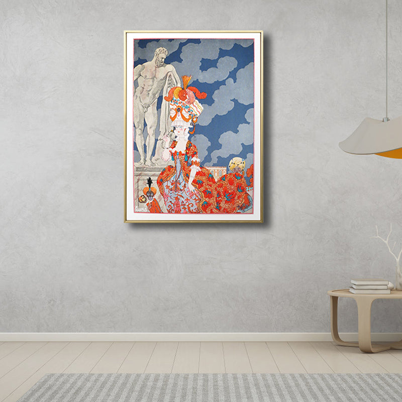 Illustration Figure Canvas Art Vintage Textured Living Room Wall Decor in Blue-Orange Clearhalo 'Arts' 'Canvas Art' 1808278