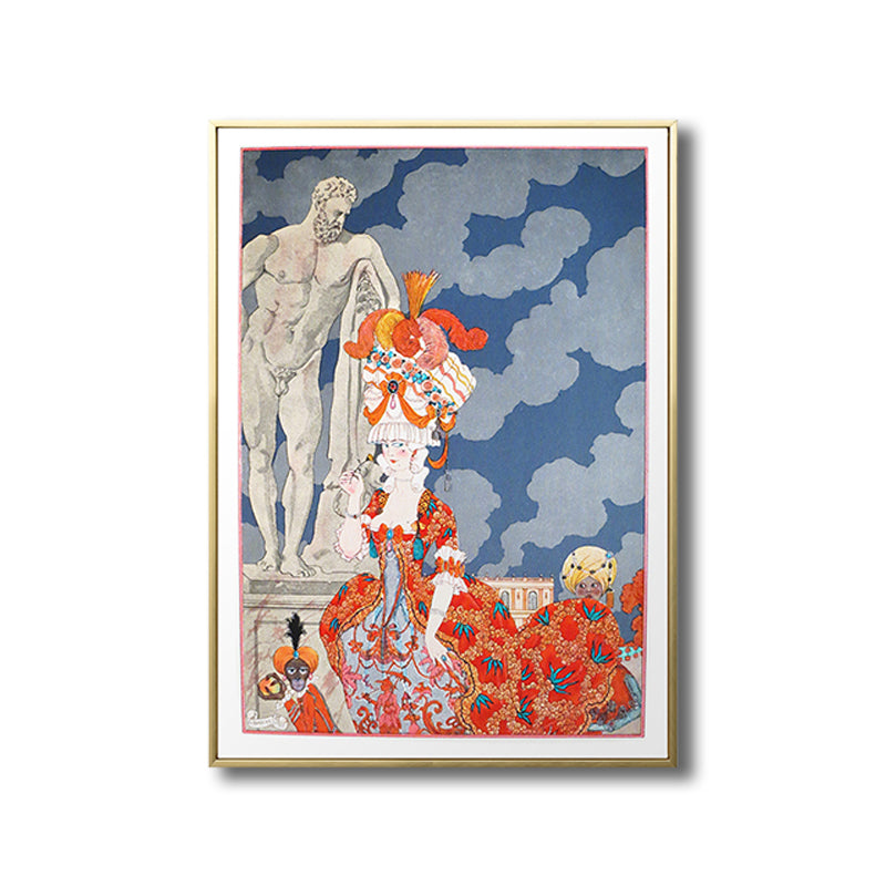 Illustration Figure Canvas Art Vintage Textured Living Room Wall Decor in Blue-Orange Clearhalo 'Arts' 'Canvas Art' 1808279