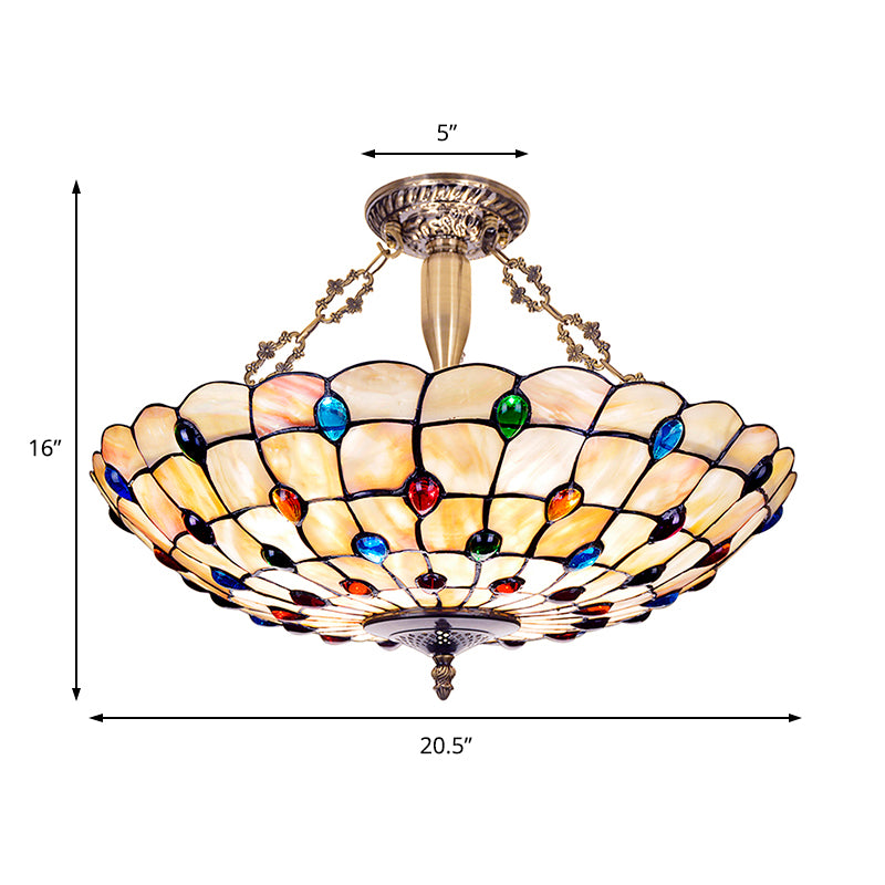 Vintage Bowl Ceiling Light Stained Glass 4 Heads Jewel Semi Flush Ceiling Fixture in Beige Clearhalo 'Ceiling Lights' 'Chandeliers' 'Close To Ceiling Lights' 'Close to ceiling' 'Semi-flushmount' 'Tiffany close to ceiling' 'Tiffany' Lighting' 180828
