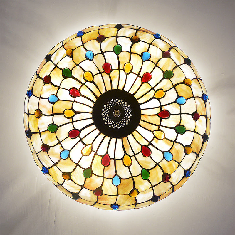 Vintage Bowl Ceiling Light Stained Glass 4 Heads Jewel Semi Flush Ceiling Fixture in Beige Clearhalo 'Ceiling Lights' 'Chandeliers' 'Close To Ceiling Lights' 'Close to ceiling' 'Semi-flushmount' 'Tiffany close to ceiling' 'Tiffany' Lighting' 180830