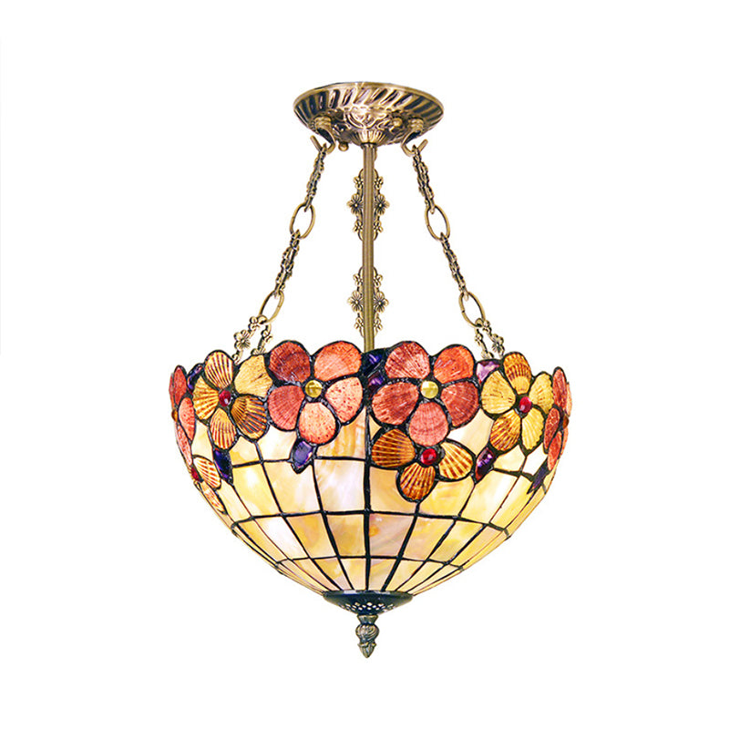 Bowl Ceiling Fixture Retro Style Stained Glass 3 Heads Flower Semi Flush Ceiling Fixture for Bedroom Lighting Clearhalo 'Ceiling Lights' 'Close To Ceiling Lights' 'Close to ceiling' 'Semi-flushmount' 'Tiffany close to ceiling' 'Tiffany' Lighting' 180833