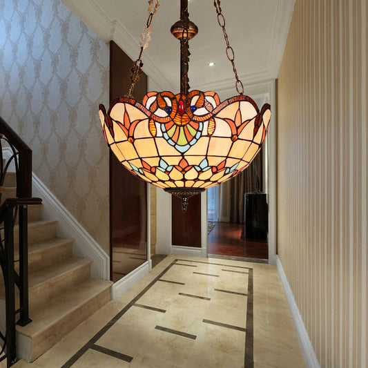 Bowl Ceiling Light Retro Style Stained Glass 3 Heads Semi Flush Ceiling Fixture for Bedroom Lighting Clearhalo 'Ceiling Lights' 'Chandeliers' 'Industrial' 'Middle Century Chandeliers' 'Tiffany Chandeliers' 'Tiffany close to ceiling' 'Tiffany' Lighting' 180836