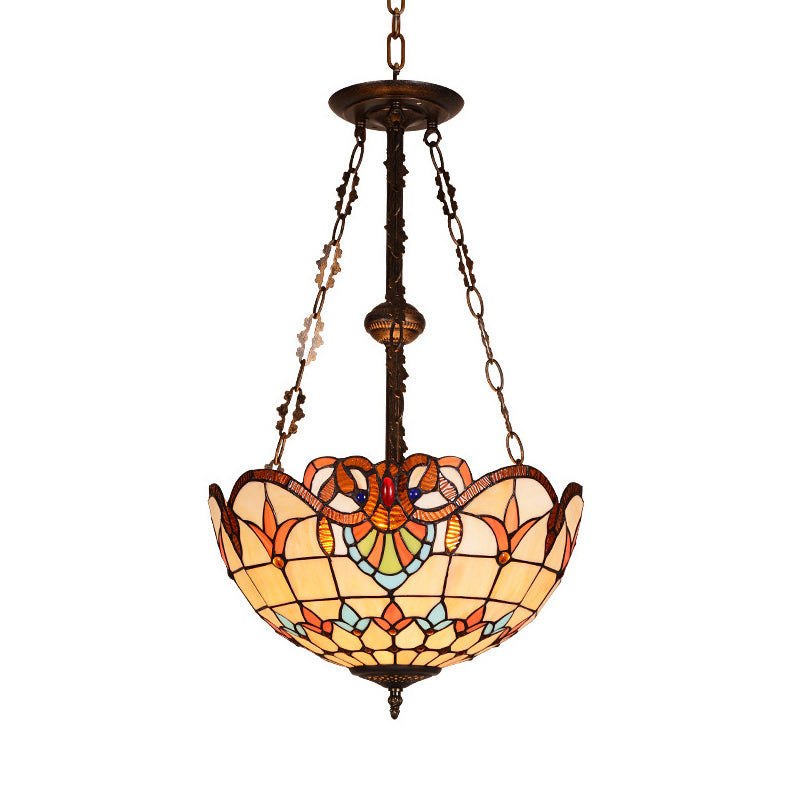 Bowl Ceiling Light Retro Style Stained Glass 3 Heads Semi Flush Ceiling Fixture for Bedroom Lighting Clearhalo 'Ceiling Lights' 'Chandeliers' 'Industrial' 'Middle Century Chandeliers' 'Tiffany Chandeliers' 'Tiffany close to ceiling' 'Tiffany' Lighting' 180837