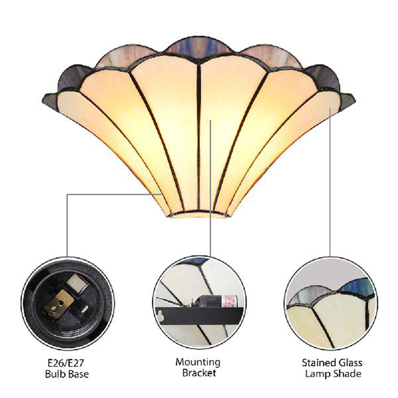 Scalloped Wall Lamp Traditional 2 Lights Stained Glass Wall Sconce Light with Flared Shade Clearhalo 'Industrial' 'Middle century wall lights' 'Tiffany wall lights' 'Tiffany' 'Wall Lamps & Sconces' 'Wall Lights' Lighting' 180844