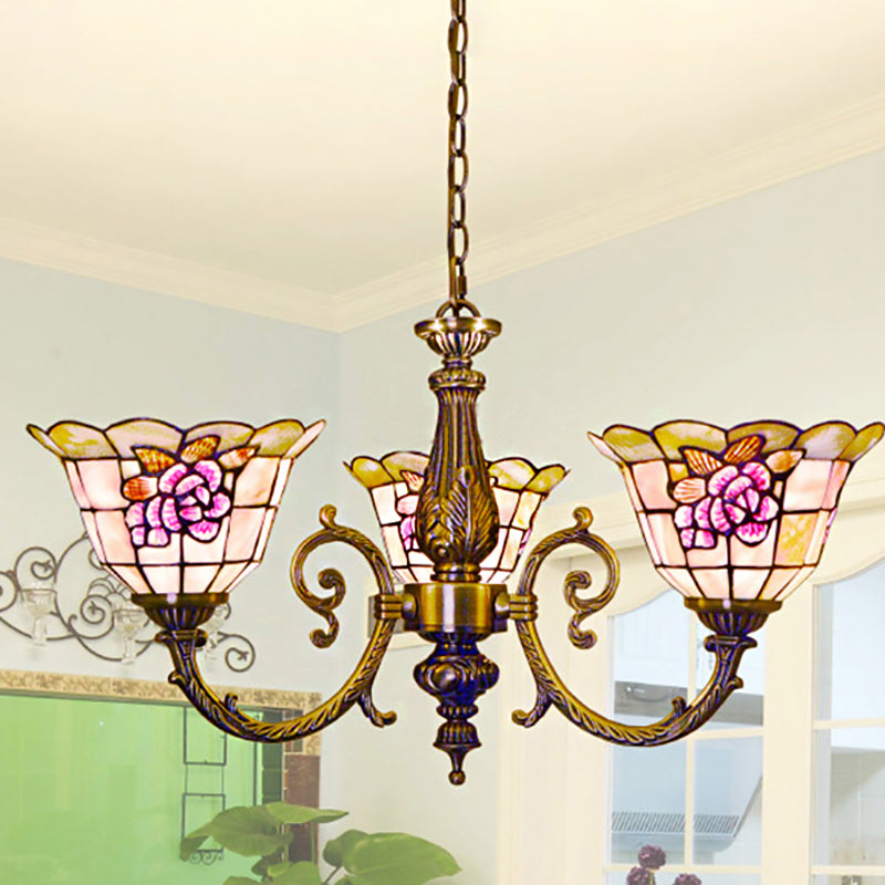 Bell Shape Hanging Lamp Retro Style Stained Glass 3 Heads Flower Chandelier Light with Chain for Bedroom Beige Clearhalo 'Ceiling Lights' 'Chandeliers' 'Industrial' 'Middle Century Chandeliers' 'Tiffany Chandeliers' 'Tiffany close to ceiling' 'Tiffany' Lighting' 180847
