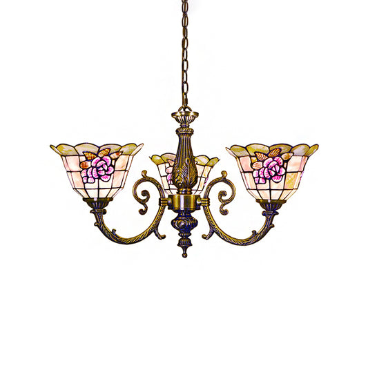 Bell Shape Hanging Lamp Retro Style Stained Glass 3 Heads Flower Chandelier Light with Chain for Bedroom Clearhalo 'Ceiling Lights' 'Chandeliers' 'Industrial' 'Middle Century Chandeliers' 'Tiffany Chandeliers' 'Tiffany close to ceiling' 'Tiffany' Lighting' 180849
