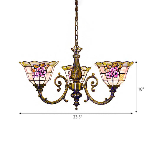 Bell Shape Hanging Lamp Retro Style Stained Glass 3 Heads Flower Chandelier Light with Chain for Bedroom Clearhalo 'Ceiling Lights' 'Chandeliers' 'Industrial' 'Middle Century Chandeliers' 'Tiffany Chandeliers' 'Tiffany close to ceiling' 'Tiffany' Lighting' 180850