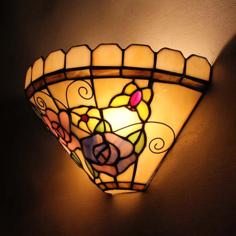 1 Light Beige Cone Wall Sconce Light with Flower and Butterfly Stained Glass Wall Lighting Beige Clearhalo 'Industrial' 'Middle century wall lights' 'Tiffany wall lights' 'Tiffany' 'Wall Lamps & Sconces' 'Wall Lights' Lighting' 180860