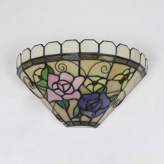 1 Light Beige Cone Wall Sconce Light with Flower and Butterfly Stained Glass Wall Lighting Clearhalo 'Industrial' 'Middle century wall lights' 'Tiffany wall lights' 'Tiffany' 'Wall Lamps & Sconces' 'Wall Lights' Lighting' 180861