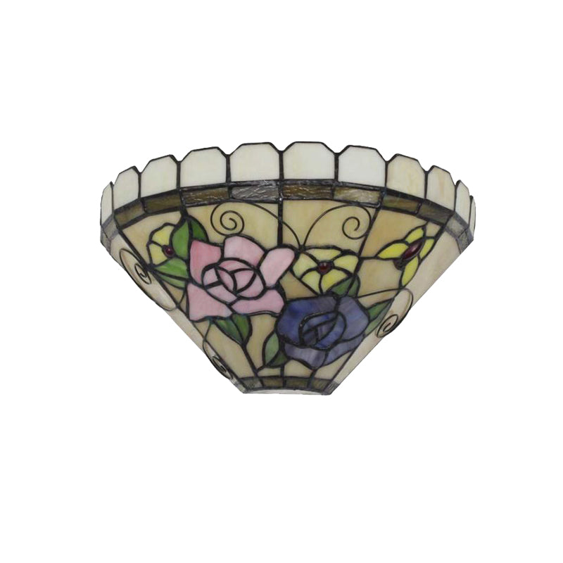 1 Light Beige Cone Wall Sconce Light with Flower and Butterfly Stained Glass Wall Lighting Clearhalo 'Industrial' 'Middle century wall lights' 'Tiffany wall lights' 'Tiffany' 'Wall Lamps & Sconces' 'Wall Lights' Lighting' 180862