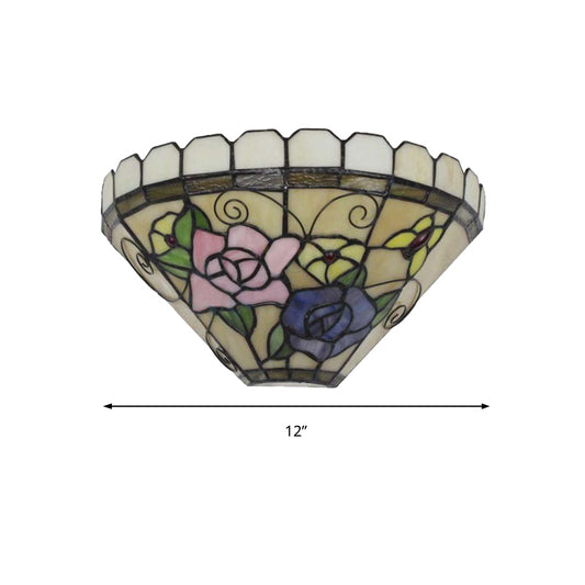 1 Light Beige Cone Wall Sconce Light with Flower and Butterfly Stained Glass Wall Lighting Clearhalo 'Industrial' 'Middle century wall lights' 'Tiffany wall lights' 'Tiffany' 'Wall Lamps & Sconces' 'Wall Lights' Lighting' 180863