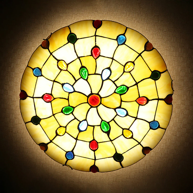Beige/Yellow Bowl Flush Mount Light Rustic Loft Stained Glass 12"/16"/19.5" W Bedroom Flush Ceiling Light with Jewel Decoration Clearhalo 'Ceiling Lights' 'Close To Ceiling Lights' 'Close to ceiling' 'Glass shade' 'Glass' 'Semi-flushmount' 'Tiffany close to ceiling' 'Tiffany' Lighting' 180865