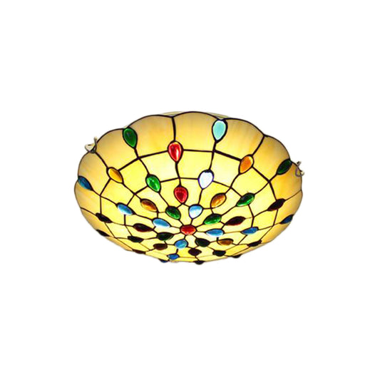 Beige/Yellow Bowl Flush Mount Light Rustic Loft Stained Glass 12"/16"/19.5" W Bedroom Flush Ceiling Light with Jewel Decoration Clearhalo 'Ceiling Lights' 'Close To Ceiling Lights' 'Close to ceiling' 'Glass shade' 'Glass' 'Semi-flushmount' 'Tiffany close to ceiling' 'Tiffany' Lighting' 180866
