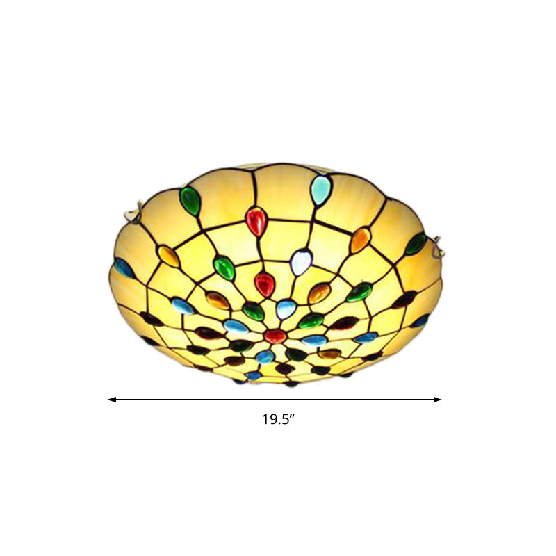Beige/Yellow Bowl Flush Mount Light Rustic Loft Stained Glass 12"/16"/19.5" W Bedroom Flush Ceiling Light with Jewel Decoration Clearhalo 'Ceiling Lights' 'Close To Ceiling Lights' 'Close to ceiling' 'Glass shade' 'Glass' 'Semi-flushmount' 'Tiffany close to ceiling' 'Tiffany' Lighting' 180867