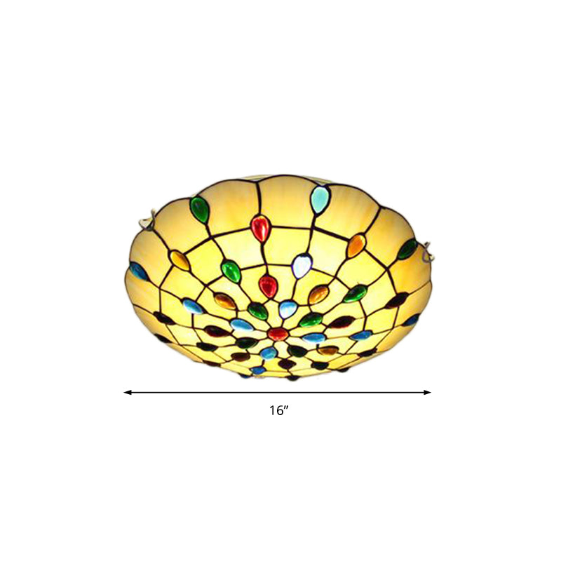 Beige/Yellow Bowl Flush Mount Light Rustic Loft Stained Glass 12"/16"/19.5" W Bedroom Flush Ceiling Light with Jewel Decoration Clearhalo 'Ceiling Lights' 'Close To Ceiling Lights' 'Close to ceiling' 'Glass shade' 'Glass' 'Semi-flushmount' 'Tiffany close to ceiling' 'Tiffany' Lighting' 180868