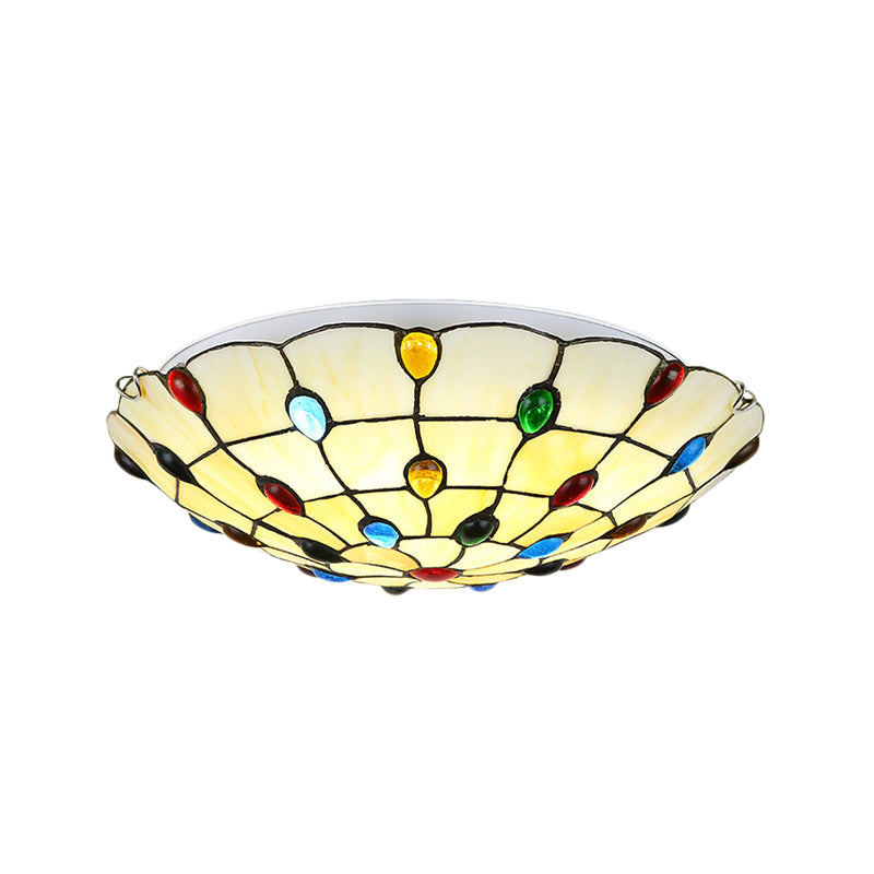 Beige/Yellow Bowl Flush Mount Light Rustic Loft Stained Glass 12"/16"/19.5" W Bedroom Flush Ceiling Light with Jewel Decoration Clearhalo 'Ceiling Lights' 'Close To Ceiling Lights' 'Close to ceiling' 'Glass shade' 'Glass' 'Semi-flushmount' 'Tiffany close to ceiling' 'Tiffany' Lighting' 180870