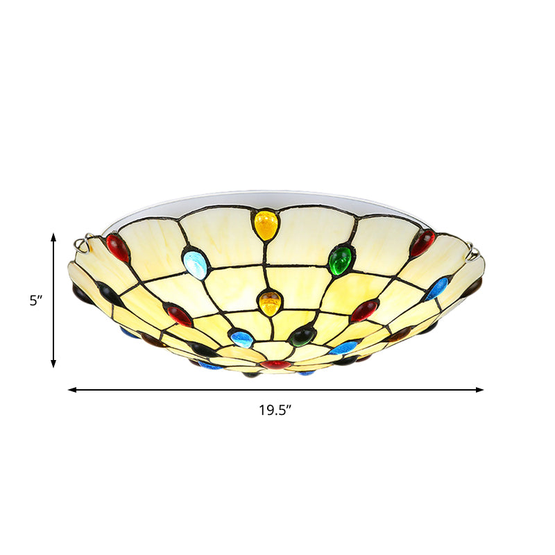 Beige/Yellow Bowl Flush Mount Light Rustic Loft Stained Glass 12"/16"/19.5" W Bedroom Flush Ceiling Light with Jewel Decoration Clearhalo 'Ceiling Lights' 'Close To Ceiling Lights' 'Close to ceiling' 'Glass shade' 'Glass' 'Semi-flushmount' 'Tiffany close to ceiling' 'Tiffany' Lighting' 180871