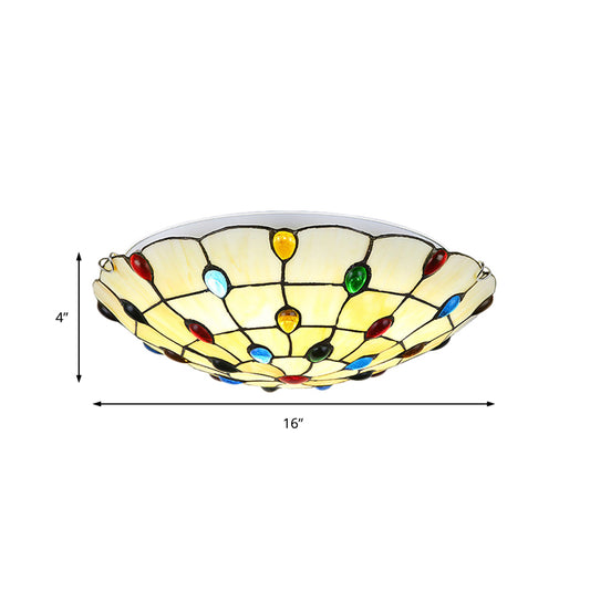Beige/Yellow Bowl Flush Mount Light Rustic Loft Stained Glass 12"/16"/19.5" W Bedroom Flush Ceiling Light with Jewel Decoration Clearhalo 'Ceiling Lights' 'Close To Ceiling Lights' 'Close to ceiling' 'Glass shade' 'Glass' 'Semi-flushmount' 'Tiffany close to ceiling' 'Tiffany' Lighting' 180872