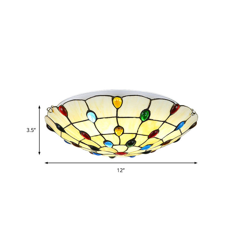 Beige/Yellow Bowl Flush Mount Light Rustic Loft Stained Glass 12"/16"/19.5" W Bedroom Flush Ceiling Light with Jewel Decoration Clearhalo 'Ceiling Lights' 'Close To Ceiling Lights' 'Close to ceiling' 'Glass shade' 'Glass' 'Semi-flushmount' 'Tiffany close to ceiling' 'Tiffany' Lighting' 180873
