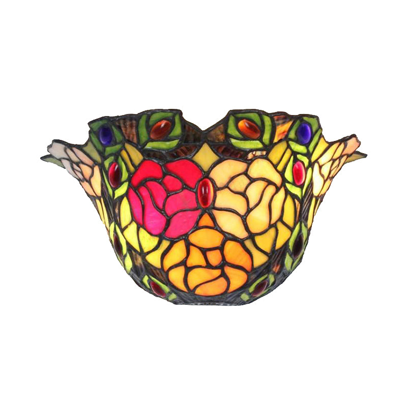 Floral Wall Sconce Light with Rose and Jewel Stained Glass 1 Light Rustic Art Deco Wall Lighting for Foyer Clearhalo 'Industrial' 'Middle century wall lights' 'Tiffany wall lights' 'Tiffany' 'Wall Lamps & Sconces' 'Wall Lights' Lighting' 180876