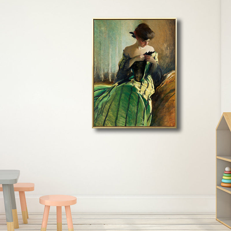 Meisje in groene gewaad schilderij figuur renaissance gestructureerde muur kunst decor voor eetkamer