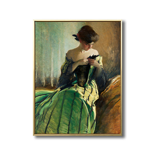Girl in Green Robe Painting Figure Renaissance Textured Wall Art Decor for Dining Room