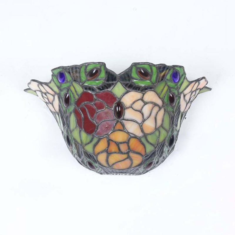 Floral Wall Sconce Light with Rose and Jewel Stained Glass 1 Light Rustic Art Deco Wall Lighting for Foyer Clearhalo 'Industrial' 'Middle century wall lights' 'Tiffany wall lights' 'Tiffany' 'Wall Lamps & Sconces' 'Wall Lights' Lighting' 180877