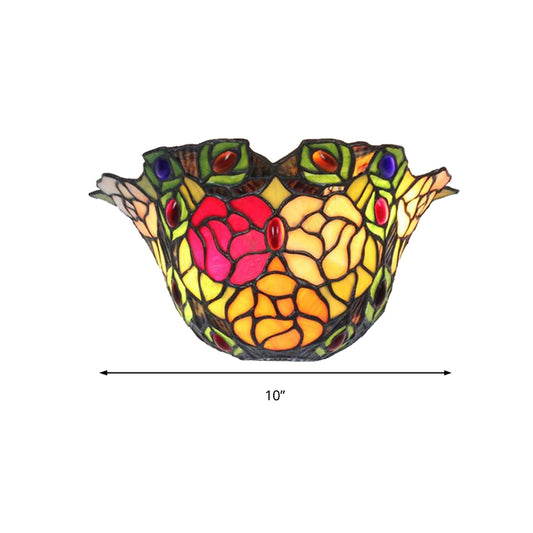 Floral Wall Sconce Light with Rose and Jewel Stained Glass 1 Light Rustic Art Deco Wall Lighting for Foyer Clearhalo 'Industrial' 'Middle century wall lights' 'Tiffany wall lights' 'Tiffany' 'Wall Lamps & Sconces' 'Wall Lights' Lighting' 180878
