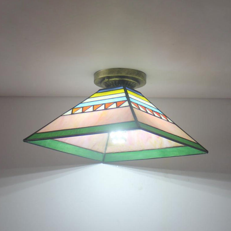 Pink/Orange Pyramid Flush Light Craftsman 1 Light Stained Glass Mini Flush Mount Light for Kitchen Clearhalo 'Ceiling Lights' 'Close To Ceiling Lights' 'Close to ceiling' 'Glass shade' 'Glass' 'Pendant Lights' 'Semi-flushmount' 'Tiffany close to ceiling' 'Tiffany' Lighting' 180880