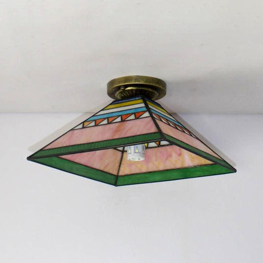 Pink/Orange Pyramid Flush Light Craftsman 1 Light Stained Glass Mini Flush Mount Light for Kitchen Pink Clearhalo 'Ceiling Lights' 'Close To Ceiling Lights' 'Close to ceiling' 'Glass shade' 'Glass' 'Pendant Lights' 'Semi-flushmount' 'Tiffany close to ceiling' 'Tiffany' Lighting' 180881