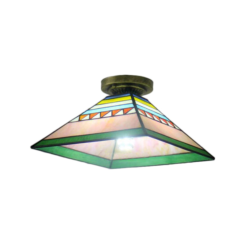 Pink/Orange Pyramid Flush Light Craftsman 1 Light Stained Glass Mini Flush Mount Light for Kitchen Clearhalo 'Ceiling Lights' 'Close To Ceiling Lights' 'Close to ceiling' 'Glass shade' 'Glass' 'Pendant Lights' 'Semi-flushmount' 'Tiffany close to ceiling' 'Tiffany' Lighting' 180882