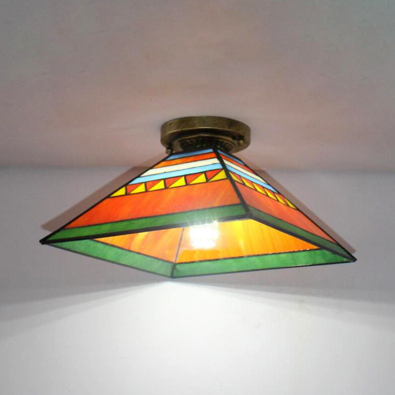 Pink/Orange Pyramid Flush Light Craftsman 1 Light Stained Glass Mini Flush Mount Light for Kitchen Clearhalo 'Ceiling Lights' 'Close To Ceiling Lights' 'Close to ceiling' 'Glass shade' 'Glass' 'Pendant Lights' 'Semi-flushmount' 'Tiffany close to ceiling' 'Tiffany' Lighting' 180884