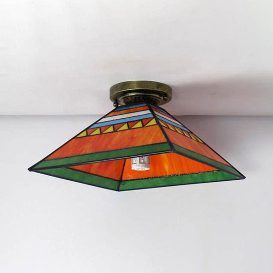 Pink/Orange Pyramid Flush Light Craftsman 1 Light Stained Glass Mini Flush Mount Light for Kitchen Orange Clearhalo 'Ceiling Lights' 'Close To Ceiling Lights' 'Close to ceiling' 'Glass shade' 'Glass' 'Pendant Lights' 'Semi-flushmount' 'Tiffany close to ceiling' 'Tiffany' Lighting' 180885