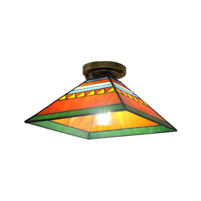 Pink/Orange Pyramid Flush Light Craftsman 1 Light Stained Glass Mini Flush Mount Light for Kitchen Clearhalo 'Ceiling Lights' 'Close To Ceiling Lights' 'Close to ceiling' 'Glass shade' 'Glass' 'Pendant Lights' 'Semi-flushmount' 'Tiffany close to ceiling' 'Tiffany' Lighting' 180886