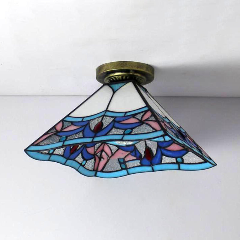 Tiffany Style Pyramid Flush Mount Light Stained Glass 1 Light Ceiling Light Fixture in Antique Brass Blue Clearhalo 'Ceiling Lights' 'Close To Ceiling Lights' 'Close to ceiling' 'Glass shade' 'Glass' 'Semi-flushmount' 'Tiffany close to ceiling' 'Tiffany' Lighting' 180887
