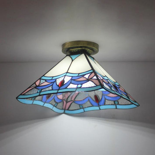 Tiffany Style Pyramid Flush Mount Light Stained Glass 1 Light Ceiling Light Fixture in Antique Brass Clearhalo 'Ceiling Lights' 'Close To Ceiling Lights' 'Close to ceiling' 'Glass shade' 'Glass' 'Semi-flushmount' 'Tiffany close to ceiling' 'Tiffany' Lighting' 180888