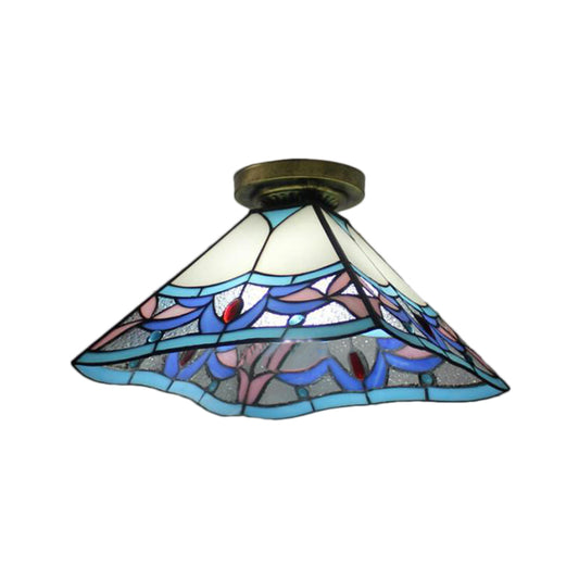 Tiffany Style Pyramid Flush Mount Light Stained Glass 1 Light Ceiling Light Fixture in Antique Brass Clearhalo 'Ceiling Lights' 'Close To Ceiling Lights' 'Close to ceiling' 'Glass shade' 'Glass' 'Semi-flushmount' 'Tiffany close to ceiling' 'Tiffany' Lighting' 180889
